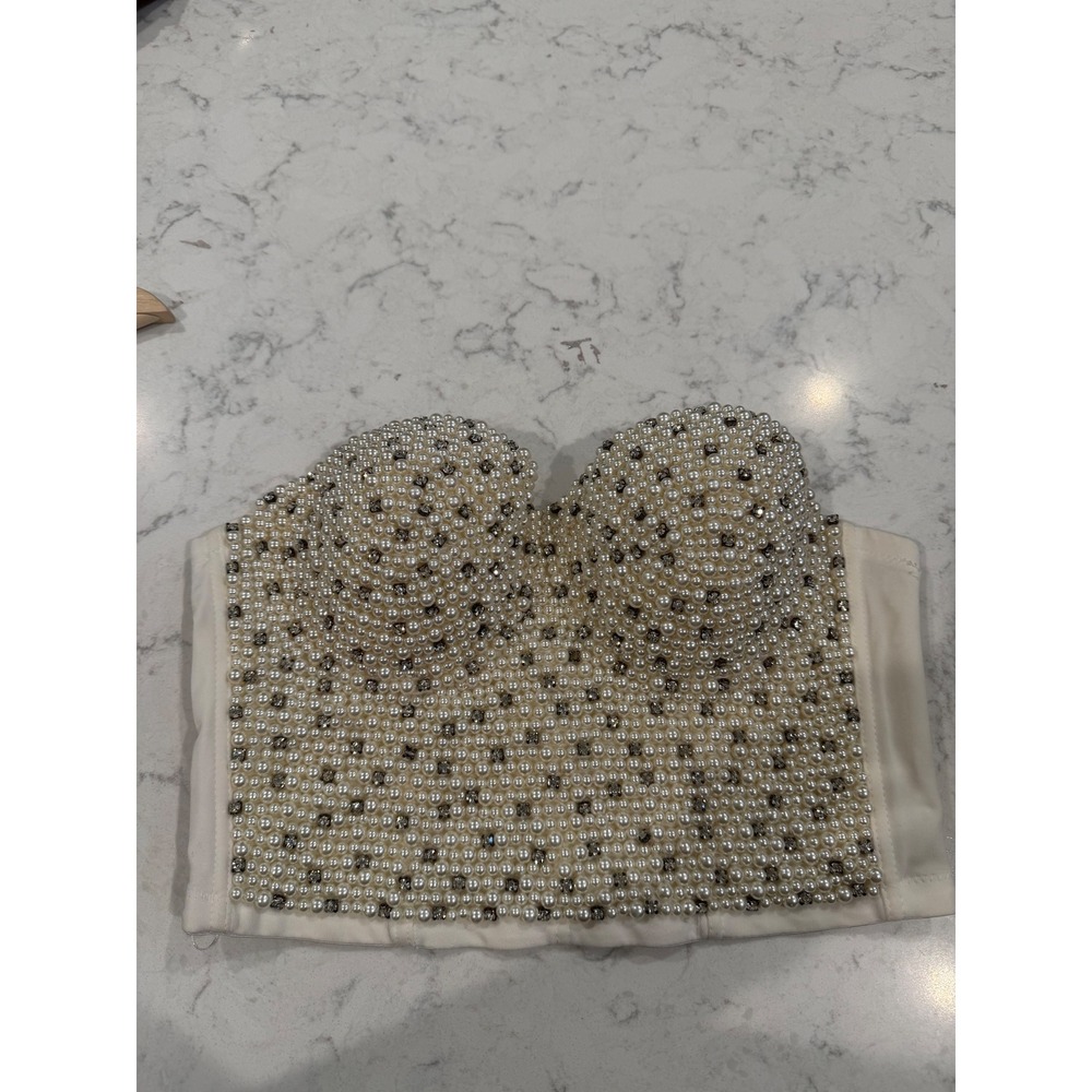 Cleo White Pearl Rhinestone Bustier Crop Top Sweetheart C9438X Womens Medium